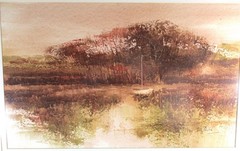 SEPIA MONOCHROME WATERCOLOR BY STAN DUDEK, ILLINOIS, COUNTRY LAKE, WOODLAND BOAT