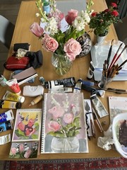 Roses and Stock Flower Miniature Original Acrylic Painting on Watercolor Paper