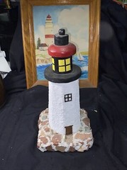 Vintage Painting Of Lighthouse, Signed E,Ward And Handmade Lighthouse