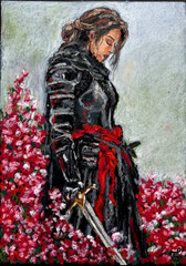 Lady Knight Original Art Woman Wall Art Armor Oil Pastels Art Fantasy Art