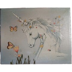 Vintage 8×10 Oil Painting Casandra signed Artistic Unicorn Flowers Butterfly