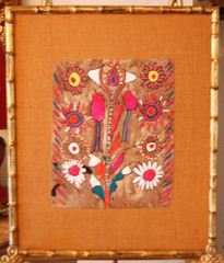 VTG 1960S MEXICAN AMATE BARK PAPER BURLAP FRAMED BIRD FLOWER FOLK ART PAINTING 2