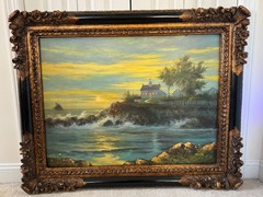 50×40″ Ornate Baroque Giltwood & Black Enamel Frame w/Oil on Canvas Painting