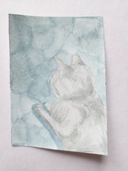 ACEO Original Acrylic Painting Abstract Grey Cat by Kiva