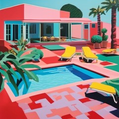 Midcentury Pop Art Scene Art Deco 95x95cm Architectural Pool Summer Landscape N37