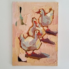 Ducks Gooses Painting Original Oil Artwork Semi Abstract Modern Small Wall Art