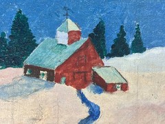Old Original Oil Painting Winter Snow Landscape Art Red Rural House Barn Framed