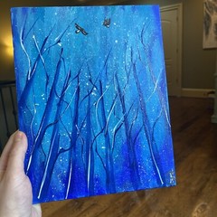 8/10 Inches Original Painted On Canvas,abstract Forest,night,blue Birds