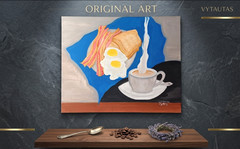 ​Original Breakfast Painting Coffee Eggs Bacon Canvas Art Still Life 16×20 Vytas