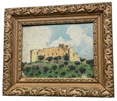 ANTIQUE FRENCH OIL PAINTING 1900’s – RUINS OF A TEMPLAR CASTLE AMONG OLIVE TREES