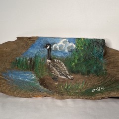 Griffin Hand Painted Folk Art Goose Lake Landscape on Wood Signed, Unframed