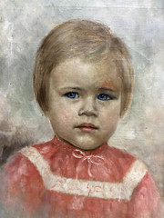 Oil Painting Portrait Of A Little Girl In A Red Dress With Blue Eyes K. Uvar