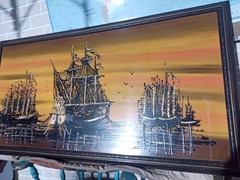 Vintage Drip Oil Painting Pirate Ship Galleons at Sea Windsor Products 1970