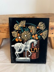 VTG Mid Century Modern Horse Still Life Floral Oil Painting Frayed Velvet 10″x8″