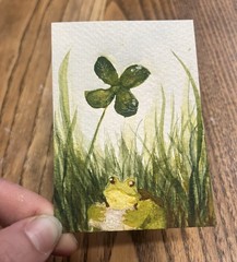 ACEO PRINT froggy’s adventure 1/2 lil frog clover Watercolor Painting 3.5×2.5