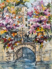 Paris Original Art Cityscape Wall Art France Oil Pastels Art City Artwork Bridge