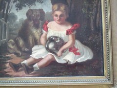 ANTIQUE 19TH CENTURY OIL PAINTING CHILD ANIMALS DOG CURLED UP KITTY CAT 1840’S