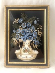 Vtg Original Painting Hand Painted Foil Art Signed Picture Blue Wall Decor
