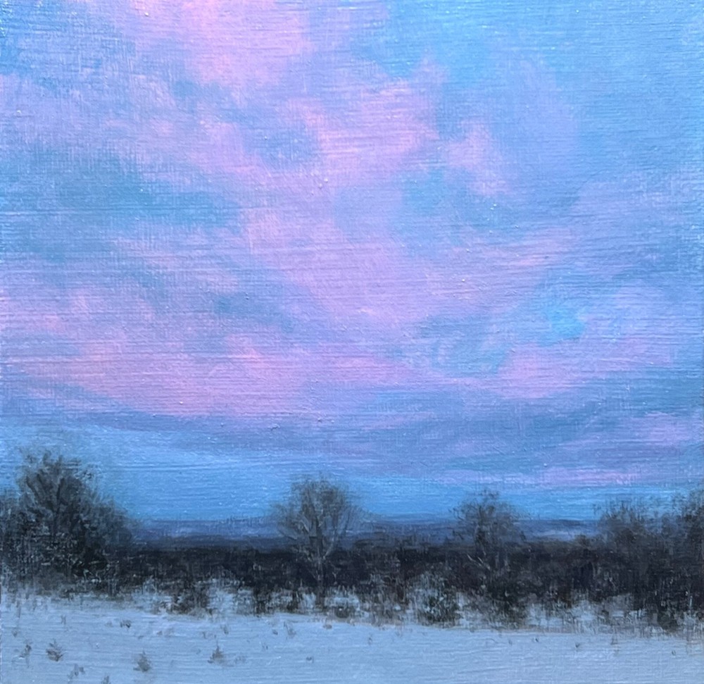 Original oil painting, Winter Evening Glow , landscape painting, snow, sunset