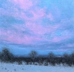 Original oil painting, Winter Evening Glow , landscape painting, snow, sunset