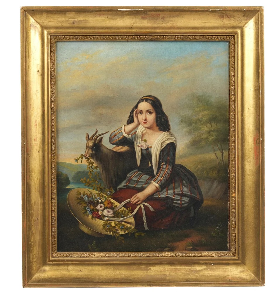 „Girl with Goat“ 19th Century French School Painting Portrait