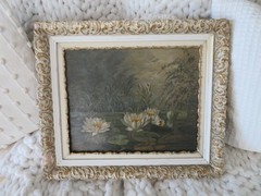 Old Antique WATER LILIES in LILY POND OIL PAINTING Flowers Canvas GESSO FRAME