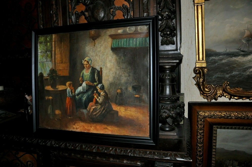 Antique Dutch Master Interior Family scene . signed O/C