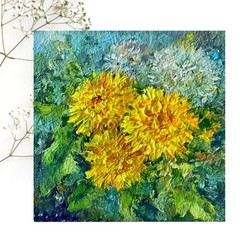 Original Oil Painting Dandelions Yellow Spring Flowers Impasto 4inx4in Signed OS