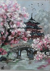 Kyoto Original Art Temple Wall Art Japan Oil Pastels Art Landscape Art City Art
