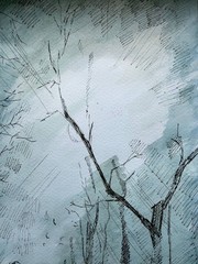 Original Watercolor Ink Landscape Walking Figure Forest Path Painting