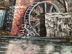 Vintage oil on canvas watermill signed W Jones in distressed style frame 27×31