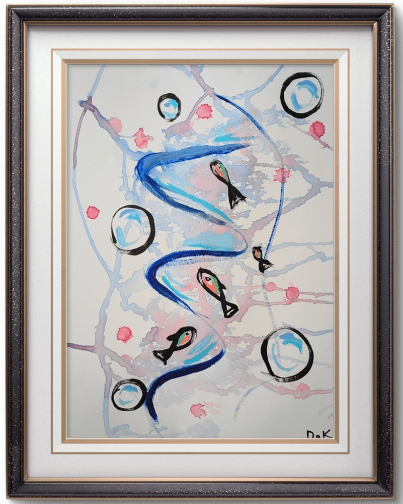 Simple Fish & Bubbles 9×12 Thick Paper Original Art Abstract Expressionism Blue