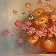 Vintage modernist pink flower ROSES original art oil painting signed canvas