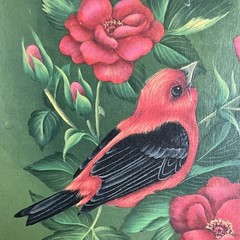 VTG Original Acrylic Art Painting Red Birds & Flowers signed Karen Hubbard