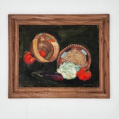 Vtg Southwest Still Life Oil Painting Indian Baskets Vegetables Framed Folk Art