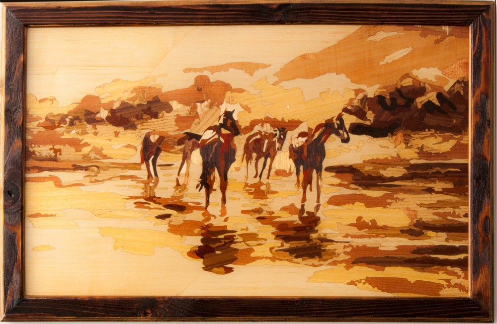 Horses Vintage Handicraft rustic framed picture eco wood wall art panel inlay