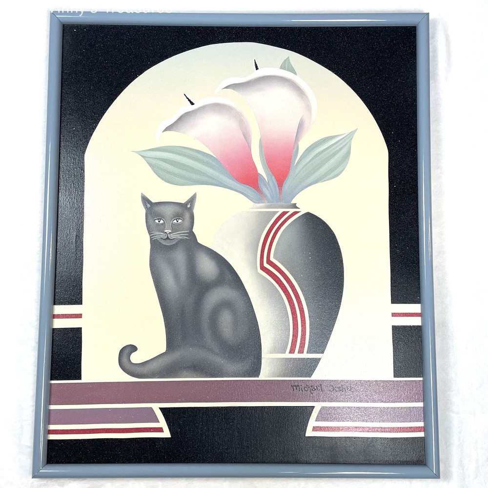 VTG 80s Michael Fishel Black Cat Calla Lily Art Deco Style Frame Painting Signed