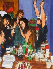 Kathy Halper Oil Painting on Wooden Board Party Scene Drinking Women Men