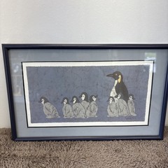 Hand Painted Mother Penguin & Babies from 1985 in Blue Frame 10.5×6.5