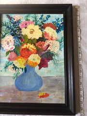 Vintage Hand Painted Acrylic Painting Colorful Flowers In Vase 15×19” Wood Frame