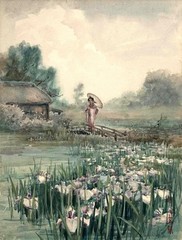 Vintage Japanese Watercolor -Signed & Initiialed RK – Woman in Lily Field