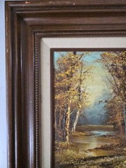 Autumn Creek Landscape Oil on Canvas, Signed Cantrell, Framed 16.5×14.5