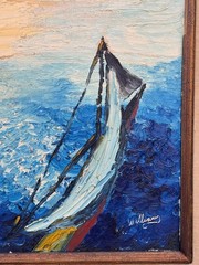 WILLIAMS SIGNED NAUTICAL OIL PAINTING SAILBOAT AT SEA PALETTE KNIFE IMPASTO ART
