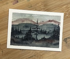 ACEO Morning Lake Landscape Abstract Watercolor Painting By Sasha Lehto