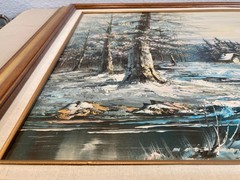 Vintage Painting Winter Landscape On Canvas WINTER MOON Painting Framed 22×19