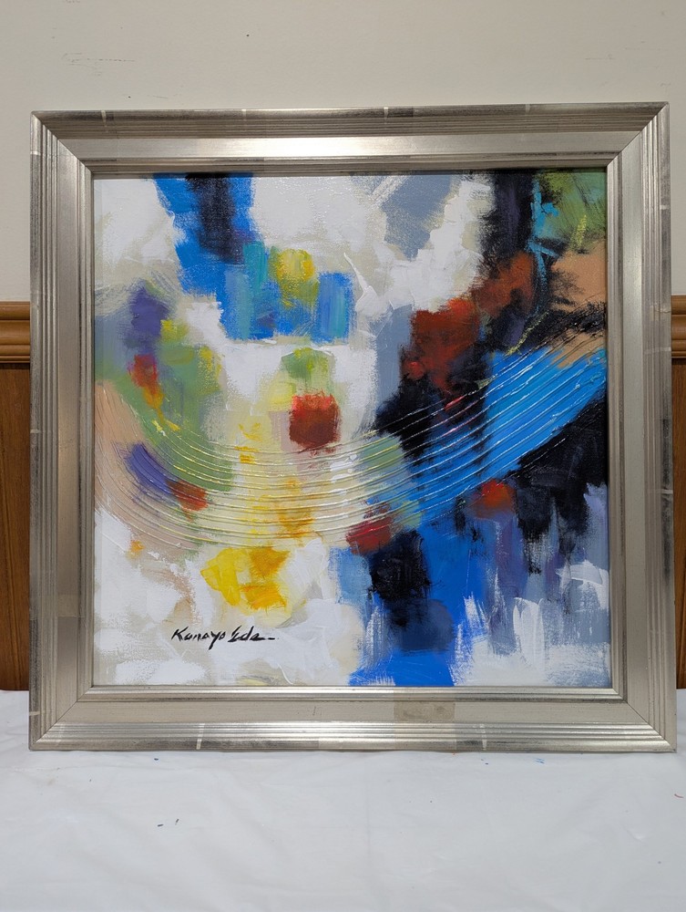 Original framed blue white red abstract acrylic painting on Canvas. 24in x 24in
