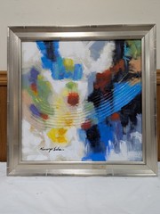 Original framed blue white red abstract acrylic painting on Canvas. 24in x 24in