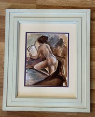 LADY READING PAINTING ON PAPER BY SANTA FE ARTIST UNSIGNED FRAMED 18.5″ X 15.5″