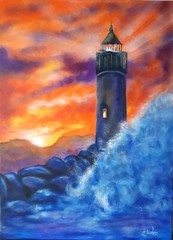 Lighthouse Original Painting Sunset Seascape Art Nautical Artwork 27 by 20in.