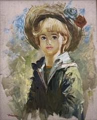 Vintage Mid-Century Big Eyes Child Oil Painting Signed Dawson 24×20 in